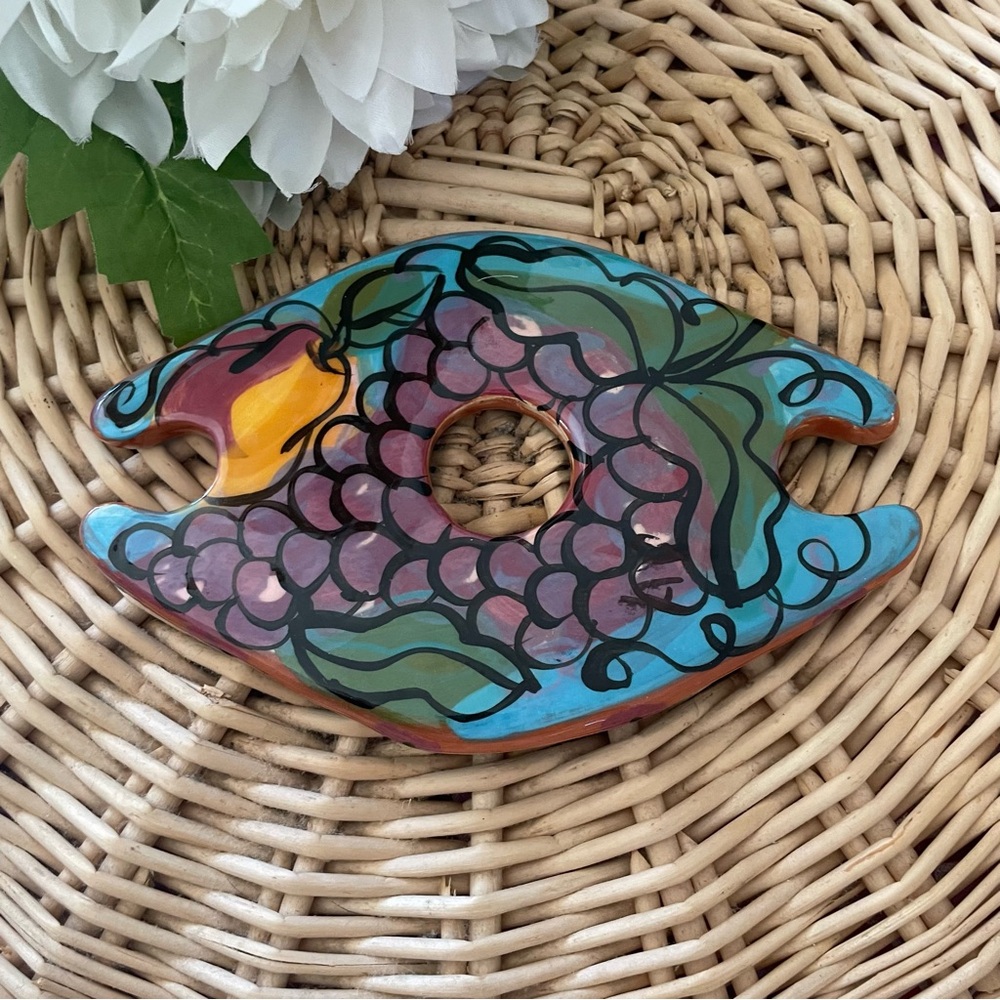 Handcrafted Wine Bottle and Glasses Holder Hand Painted grapes and pears design